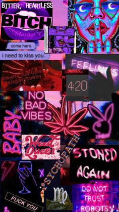 the collage shows neon signs and other things that are being displayed in this image