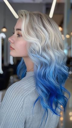 26 Soft and Bold Blue Hair Color Ideas Unique Light Hair Color Ideas, Hair Color Ideas Ombre Blonde, Blue Reverse Ombre Hair, Hair Ideas To Dye Your Hair, Coloured Blonde Hair, Hair Colours For Blondes, Blonde To Blue Ombre Hair, Blonde And Blue Hair Ombre Short