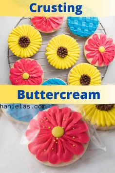 some cookies that are decorated like flowers on top of each other with the words buttercream