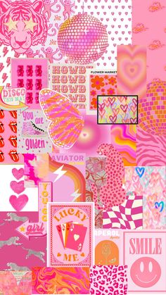 a collage of pink and red images with hearts, flowers, and other things