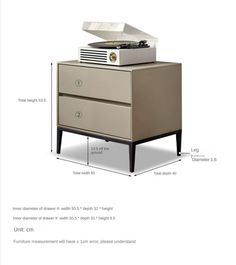 an image of a record player on top of a dresser with measurements for the drawers