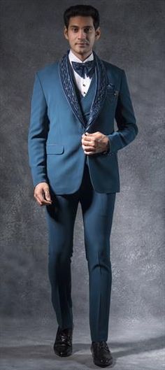 Blue color Tuxedo in Italian fabric with Embroidered, Swarovski, Thread work Formal Embroidered Blue Suits, Formal Blue Embroidered Suits, Blue Festive Reception Suit, Italian Party, Wedding Blue, Thread Work, Italian Fabric, Party Wear, Thread