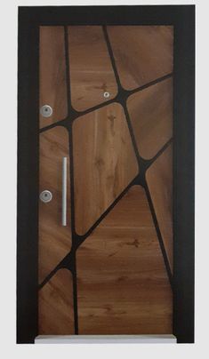 a wooden door with black frame and glass inserts on the bottom part of it