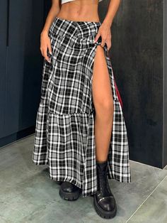 Women Plaid Print High Slit Ruffle Hem Skirt Black Casual   Woven Fabric Plaid Slit Non-Stretch  Women Clothing, size features are:Bust: ,Length: ,Sleeve Length: Cuadros Aesthetic, Wedding Guest Skirt, Black Plaid Skirt, Checked Skirt, Ruffle Hem Skirt, Skirt With Elastic Waistband, Tie Skirt, Hem Skirt, Work Wear Women