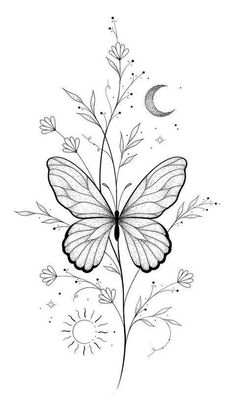 a black and white drawing of a butterfly sitting on a flower with the moon in the background