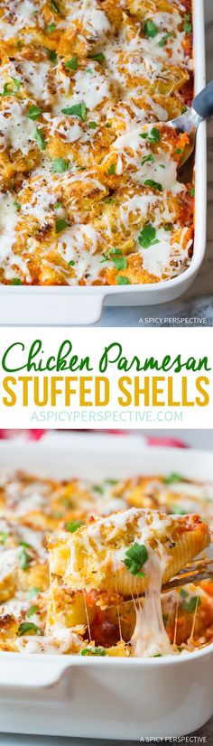 chicken parmesan stuffed shells in a casserole dish