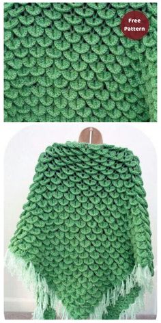 a green crocheted blanket with fringes on it and the bottom is made from yarn