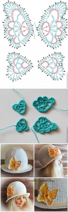 crocheted hats with flowers and leaves on them are shown in three different pictures