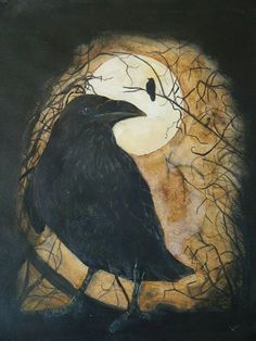 a painting of a black bird sitting in front of a full moon