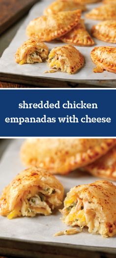 baked chicken empanadas with cheese are on a baking sheet and ready to be eaten