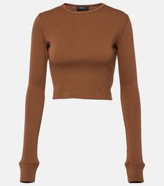 x Hailey Bieber jersey crop top in brown - Wardrobe NYC | Mytheresa Stretch Elastane Cropped Tops, Fitted Crop Top For Fall, High Stretch Cropped Cotton Top, Trendy Fitted Elastane Crop Top, Fitted Cropped T-shirt Crew Neck For Fall, Fitted Crew Neck Cropped T-shirt For Fall, Fitted Ribbed Cotton Crop Top, High Stretch Seamless Cotton Crop Top, Cropped Fitted Top Made Of Elastane