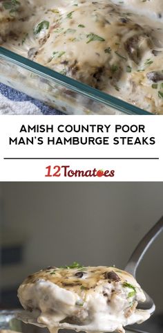 a spoon with some food on it and the words amish country poor man's hamburger steaks