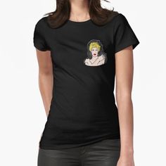 a woman wearing a black t - shirt with an image of marilyn monroe on it