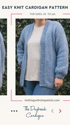 the easy knit cardigan pattern for women is shown in three different sizes and colors