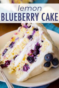 a slice of lemon blueberry cake on a plate