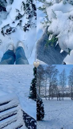 a person standing in the snow with their feet up on a tree branch and wearing blue jeans