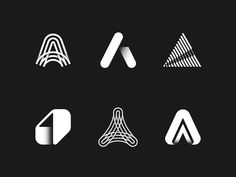 six different types of logos in white on a black background, each with an arrow