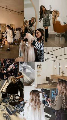 the collage shows many different images of women getting their hair done