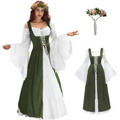 PRICES MAY VARY. Distinctive Design: Our renaissance women dress set has exquisite and delicate brocade embroideries on either side of the lacing. Front lace-up closure, adjustable shoulder straps and back lacing for a customizable fit. Trumpet long sleeves and high waist for a wonderful silhouette. Floor-length design with adjustable ties to help you achieve the perfect body fit. Our wreath crown is very comfortable to wear and doesn't demand an exclusive hair style to hold it. High-quality Fab Irish Costume, Masquerade Party Dresses, Irish Costumes, Dress Medieval, Irish Dress, Charlotte Dress, Over Dress, Medieval Costume, Retro Costume