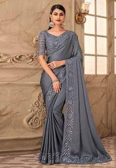 Buy Eid Special Saree Party wedding wear dresses Grey silk saree with blouse 6313 online in USA, UK and Canada from KollyBollyEthnics.com Party Wear Sarees Online, Ruffle Sarees, Grey Saree, Ruffle Saree, Satin Saree, Designer Sarees Online, Art Silk Sarees, Stylish Sarees, Fancy Sarees