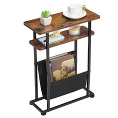 a wooden table with magazine rack and magazines