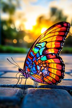 a colorful butterfly sitting on top of a brick floor in front of the sun setting