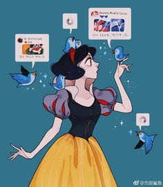 snow white with blue birds in her hand and speech bubbles above her head, on a blue background