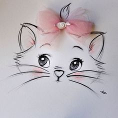 a drawing of a cat with a pink bow on it's head and eyes