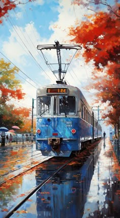 a painting of a blue train traveling down the tracks on a rainy day with red leaves