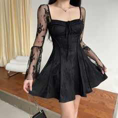 Size: XS, Color: Black Short Pollera, Flare Sleeve Dress, Flare Long Sleeve, Flower Skirt, Fairy Dress, Tie Dress, Types Of Skirts, Long Sleeve Mini Dress, Collar Dress