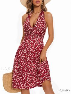 Lasaky - Floral Print Halter Neck Waist Cinched Casual Dress with Open Back and Flowy Hem Petite Sundresses, 2024 Beach, Sundress Floral, Red Sundress, Dress With Open Back, Spring Boho, Ruffle Mini Dress, Halter Mini Dress, Vestido Casual