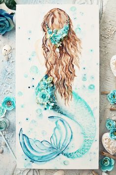 a drawing of a mermaid with long hair and flowers on it's head, sitting next to seashells