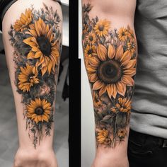 sunflowers and leaves on the arm are shown in two different views, one is black and white