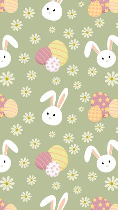 a green background with white rabbits and eggs on it's sides, surrounded by daisies