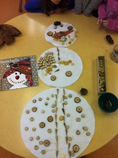 the table is covered with paper plates that have buttons on them