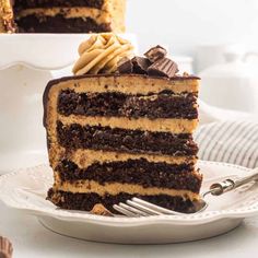 a slice of chocolate cake on a plate with a fork