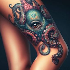 an octopus tattoo on the side of a woman's thigh, with her eyes open