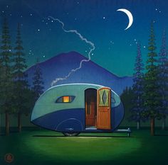 a painting of an rv parked in the woods at night with mountains and trees behind it