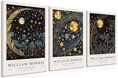 three books on the cover of william morris's book, with illustrations of stars and moon