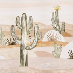 a desert scene with cacti and mountains in the background, painted on wood