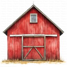 a watercolor painting of a red barn with a window on the front and side