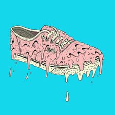 a pink sneaker covered in icing on a blue background