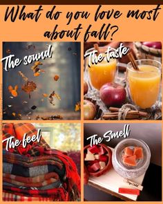 four different pictures with the words what do you love most about fall?