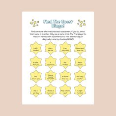 a printable star chart with the words find the cheesy bingo on it