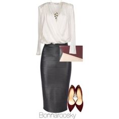 Black, white and burgundy Work Outfits Polyvore, Balmain Shirt, Burgundy Pumps, Waisted Skirts, Bodycon Pencil Skirt, Fabulous Style, Black Clothes