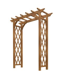 a wooden pergolated structure with lattices on the top and bottom, against a white background