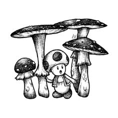 an ink drawing of two mushrooms and a person