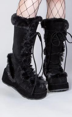 Demonia Fluffy Boots, Goth Winter Boots, Fur Platform Boots, Fur Boots Outfit, Black Fur Boots, Alt Shoes, Punk Festival, Thrift Board, Demonia Boots