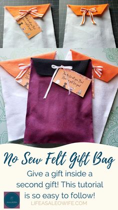 two bags with tags attached to them and the words no sew felt gift bag