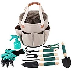 garden tool set in canvas bag with gardening gloves, watering utensils and other tools